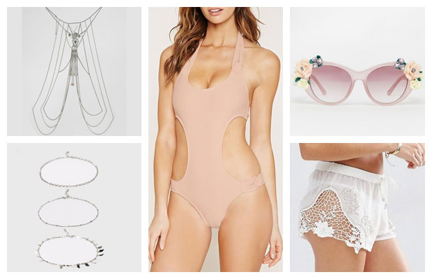 Peach swimsuit with bodychain summer outfit