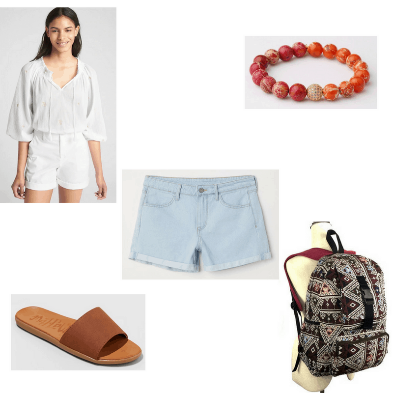 Outfit with peasant top, light denim shorts, orange/red beaded bracelet, brown slides, and tribal printed backpack