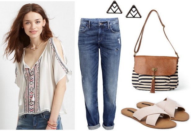 peasant top, boyfriend jeans, slide-on sandals