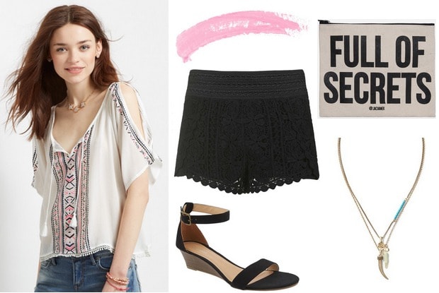 peasant top, crochet shorts, mini-wedges