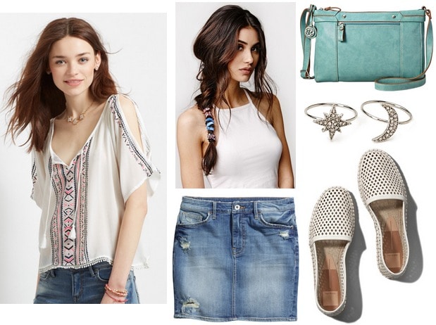 peasant top, denim skirt, perforated flats