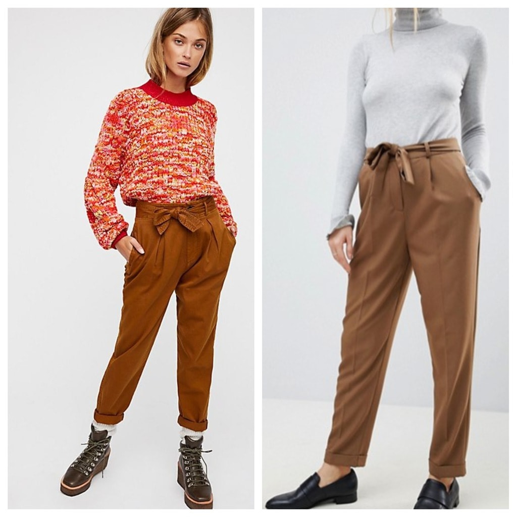 Peg pants: the first pair is from Free People and the second pair is from ASOS. Both are paired with sweaters, one model has on boots the other has on oxfords.