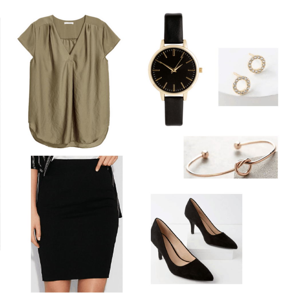 olive shirt, black pencil skirt, black watch, gold earrings, rose gold bracelet, black pumps