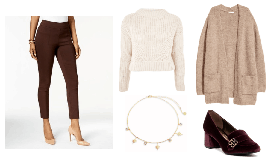 Pep Outfit Inpsiration: Boxy, white cropped jumper, Knit cardigan, Brown seamed skinny pants, Velvet, block heel pump, gold, charm choked