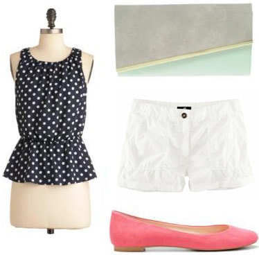 How to wear a peplum top with white shorts, pink flats, and a colorblock clutch
