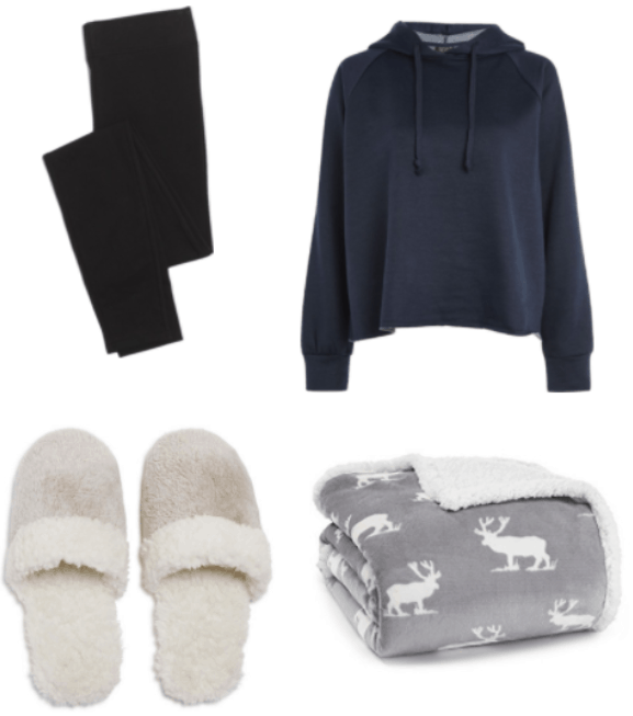 Ed Sheeran inspired outfit with black fleeced lined leggings, furry white slippers, navy blue hoodie and a fleeced grey and white reindeer throw-blanket