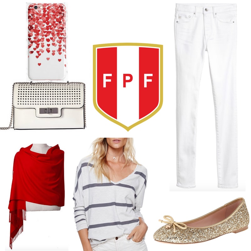 World Cup fashion: Outfit inspired by Peru with white jeans, striped white top, red scarf, gold glitter flats, beige bag, heart phone case