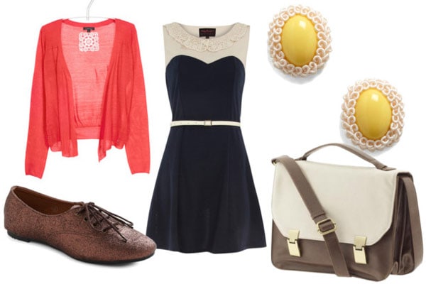 how to style a peter pan dress for day with coral cardigan cream and brown messenger bag brown oxfords and yellow cameo earrings