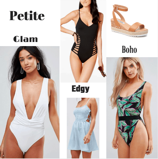 white plunging, black lace-up, tropical one-piece swimwear, blue dress, wedges