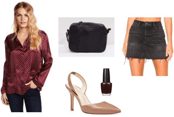 Pajama top blouse outfit for a night out: Burgundy pajama blouse, black distressed denim skirt, black clutch, dark nail polish, nude pointed toe heels