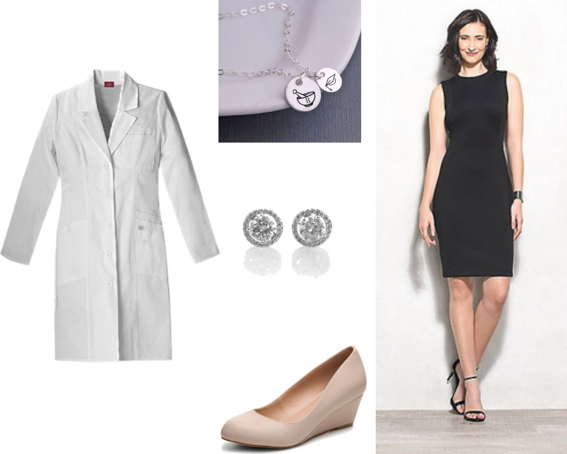 White coat outfit for pharm - black dress, pharm necklace, stud earrings, low wedge nude heels