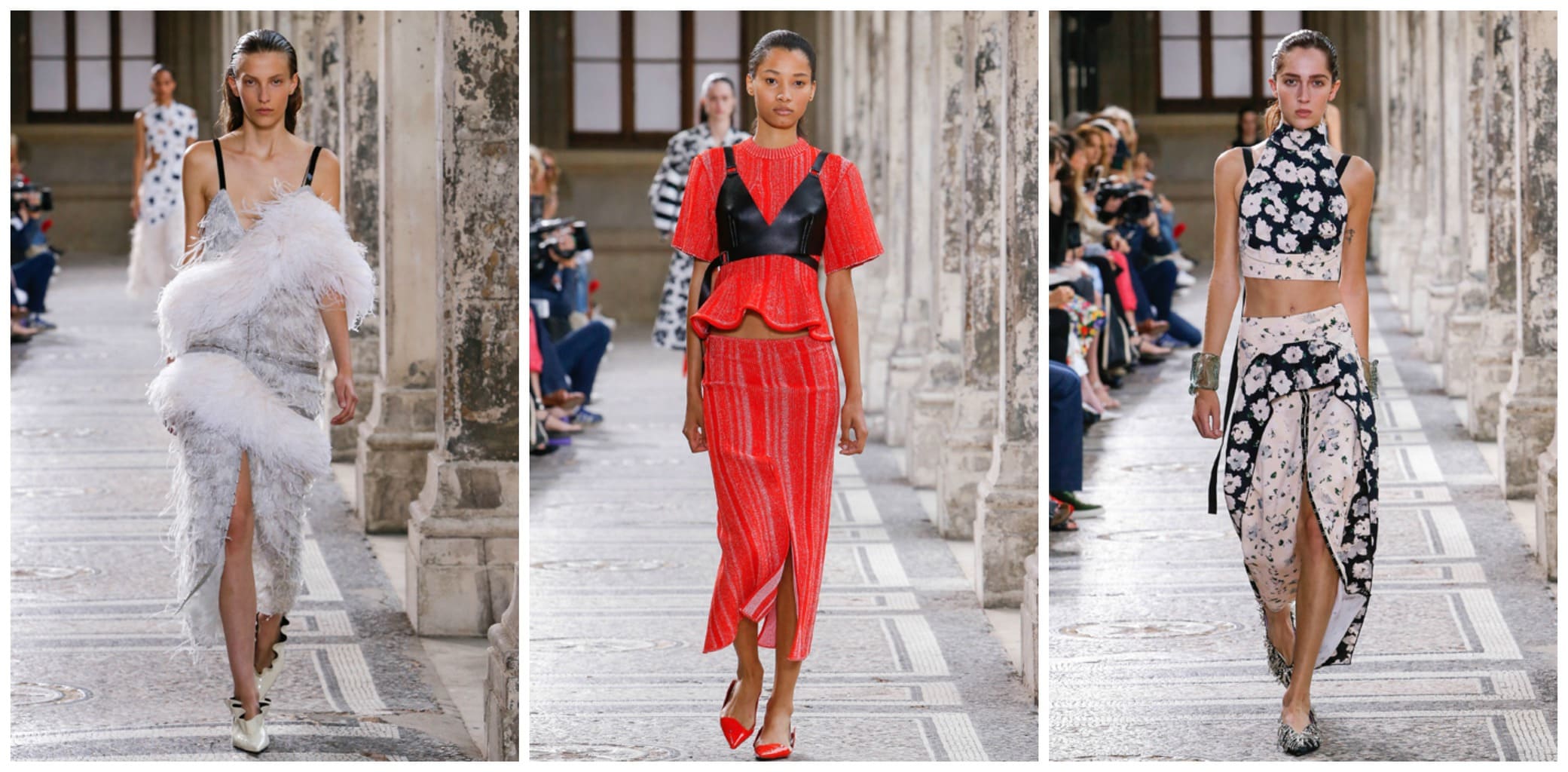 Proenza Schouler Spring 2018 runway looks -- woman wearing a fur embellished gray dress, model wearing a red crepe tee and split-front midi skirt with red flats, model wearing a daisy print crop top and front-slit wrap skirt