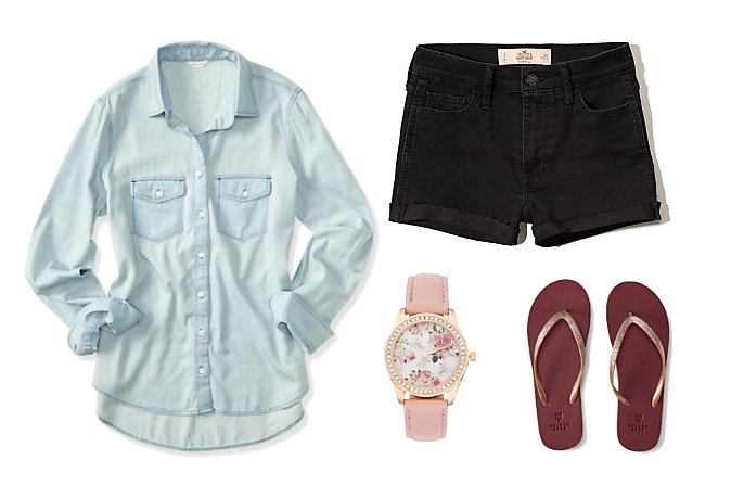 button down shirt denim shorts floral watch gold sandals