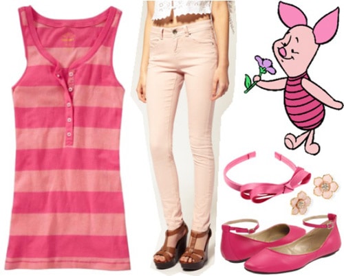 Outfit inspired by Piglet from Winnie the Pooh - Pink jeans, striped tank, flats, bow