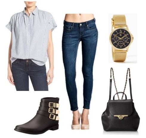 Pin stripe rain boots outfit