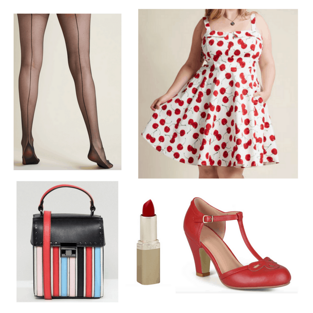 Cherry print 50s dress with pin-up tights, heels, handbag and lipstick