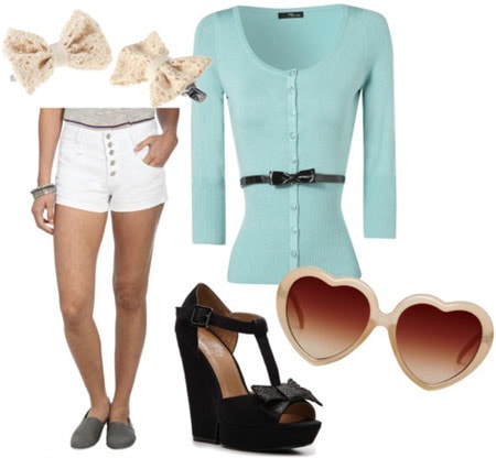 Retro pin-up inspired outfit 1: Aqua cardigan, white shorts, bow wedges, heart sunglasses, hair clips