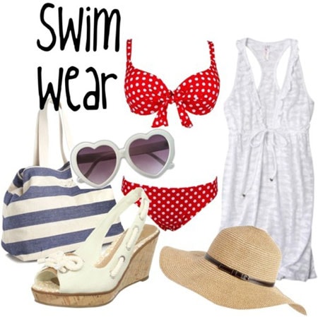 Retro pin-up inspired swimwear: Red polka dot bikini, white sundress, sun hat, espadrille wedges, striped beach bag