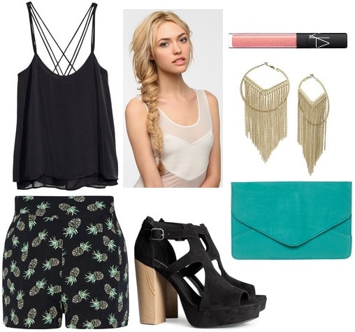 Pineapple print shorts, strappy tank, platforms