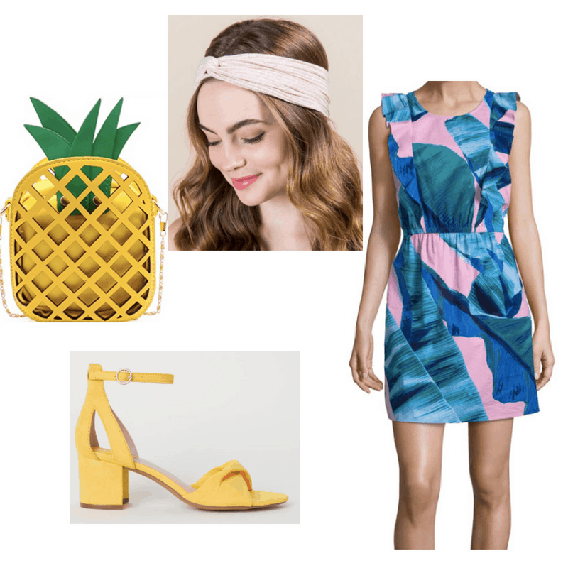 An outfit spread featuring a yellow pineapple-shaped purse, pink dress with blue-green leaves on it, yellow heeled sandals, and pink wrap headband.