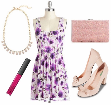 Purple floral dress, blush pumps, pink beaded clutch