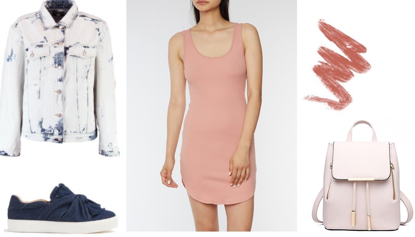 Pink bodycon dress styling tips: Outfit 1 with distressed denim jacket, navy platform sneakers, light pink backpack, 90s lipliner