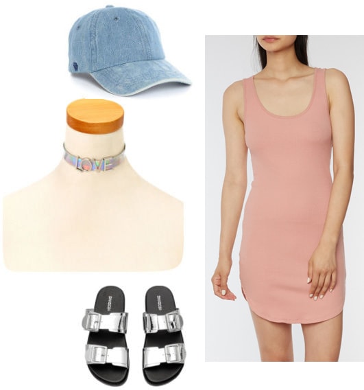 Pink bodycon dress - outfit for daytime with a denim dad hat, metallic flatbed sandals and a holographic Love choker