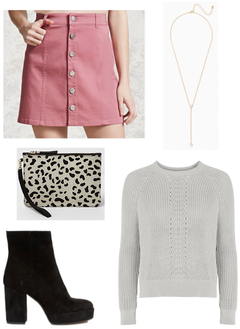 Pink button-front skirt, gray cropped sweater, leopard clutch, stacked heel ankle booties