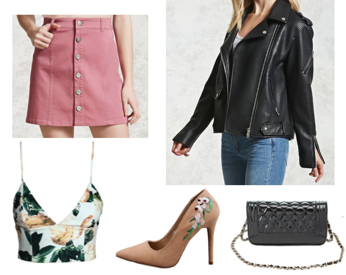 Outfit idea with a pink button front skirt, oversized leather jacket, floral crop top, chain strap bag, floral heels