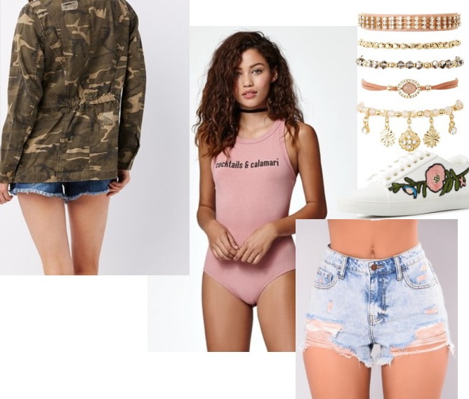 How to wear a pink graphic bodysuit with high-waisted distressed denim shorts, a camo print jacket, rose embroidered white sneakers, and layered bracelets