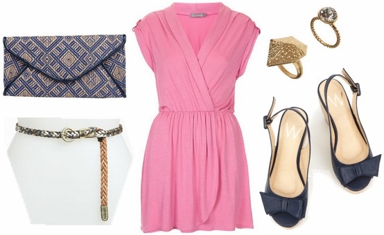 Pink dress, navy wedges, printed clutch