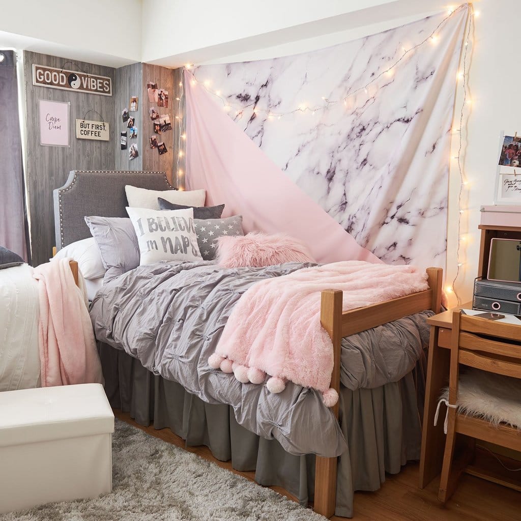 Pink and gray dorm room