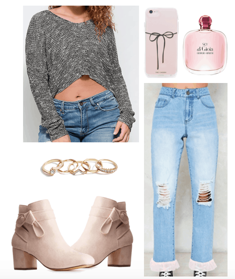 Outfit including high waisted pink ruffled-hem jeans and a grey cropped sweater.