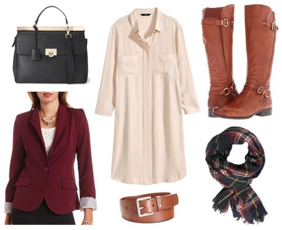 Pink shirtdress cognac riding boots burgundy blazer