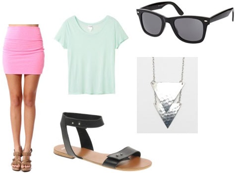 How to wear a pink mini skirt with a mint green tee shirt, simple black leather sandals, wayfarers and a cool necklace