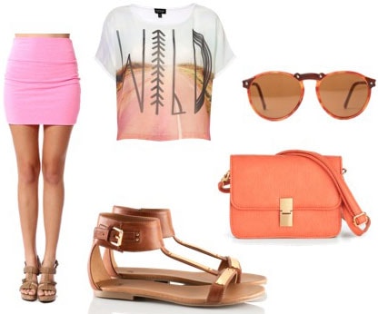 How to wear a pink mini skirt with a fun tee shirt, basic brown sandals, a coral cross-body bag and sunglasses