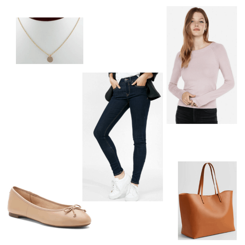 Outfit with pale pink sweater, jeggings, ballet flats, gold disc necklace, and cognac tote bag