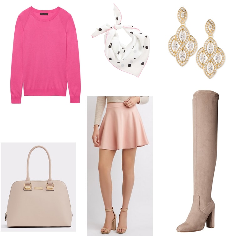 Pink sweater outfit with cute pink skirt, polka dot scarf, statement earrings, blush over-the-knee boots and beige handbag