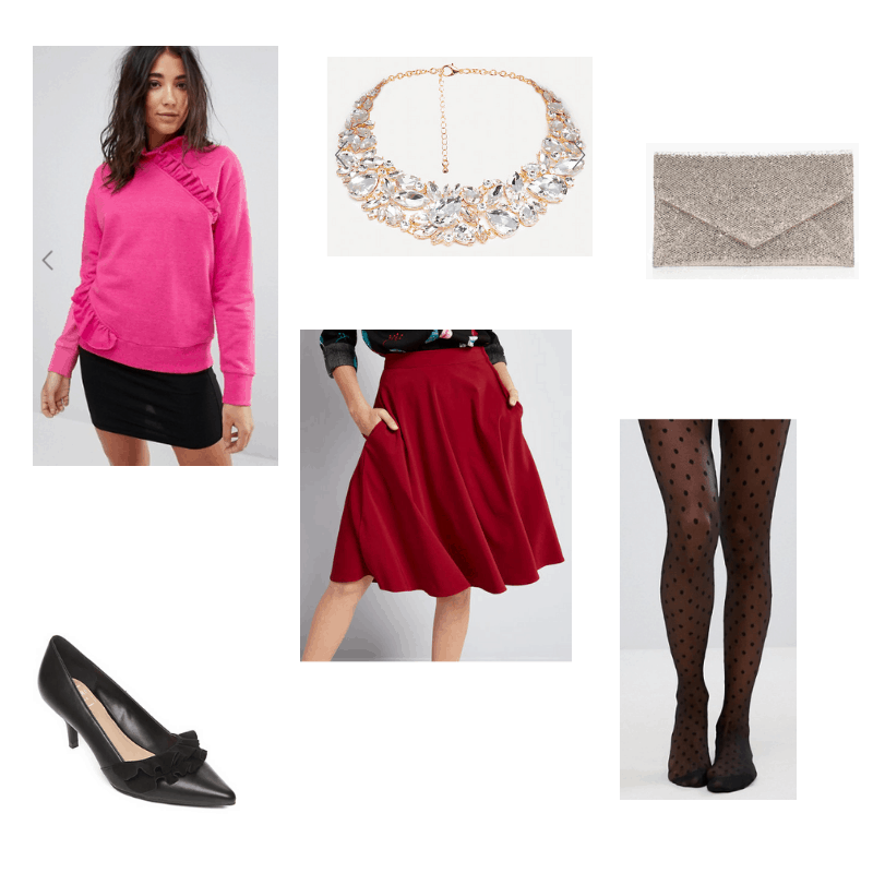 Outfit with pink ruffle sweater, red skirt, ruffle kitten heels, sparkly statement necklace, polka dot tights, and sparkly envelope clutch