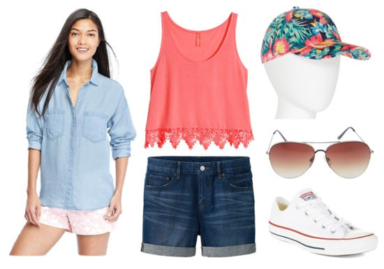 denim shorts, pink tank, Converse