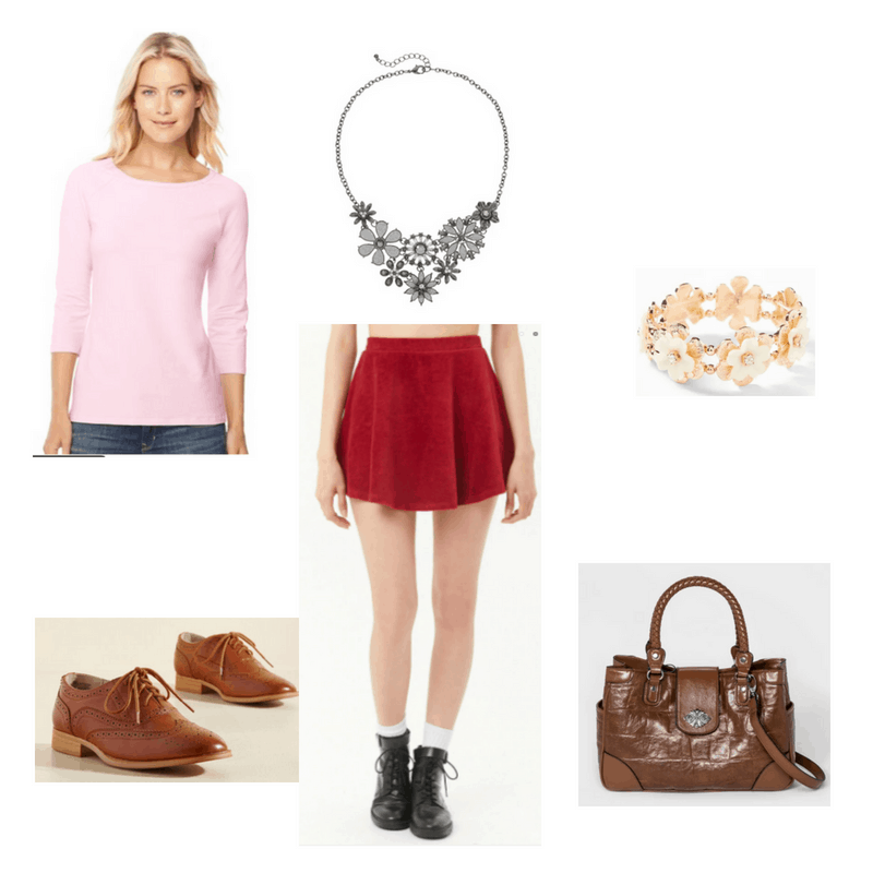 Outfit with pink tee, red skirt, flower necklace, flower bracelet, brown oxfords, and brown bag