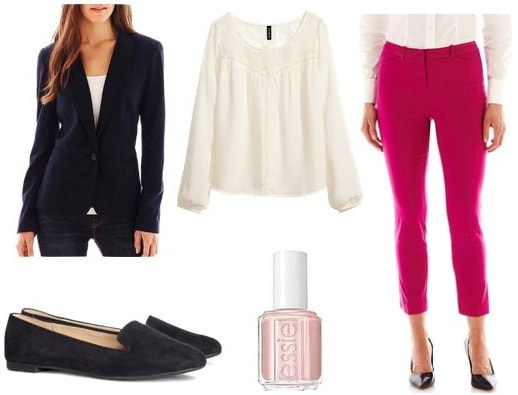 Pink trousers business casual outfit