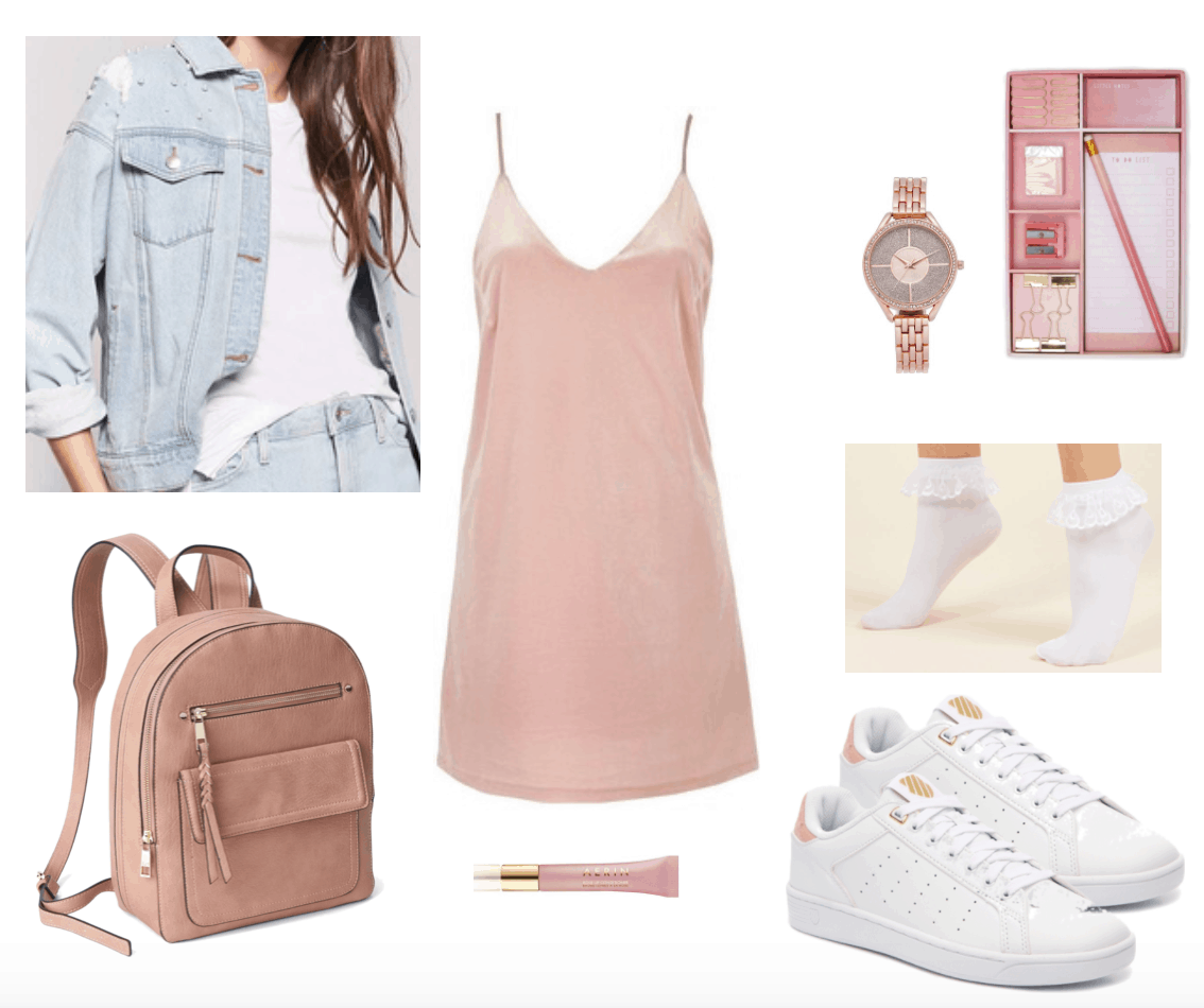 Velvet slip dress outfit for class: Pink velvet dress w/accents perfect for school including white sneakers, light wash jean jacket, pink backpack, white ruffle socks