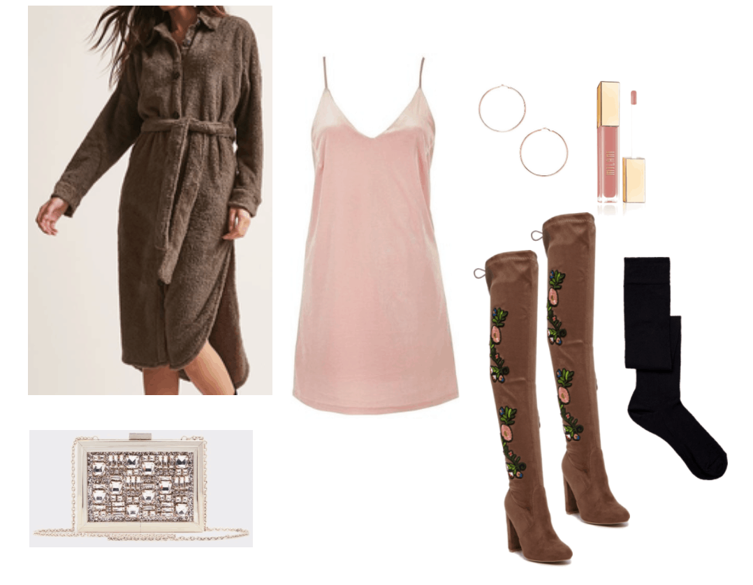 Velvet slip dress outfit idea: Pink velvet dress with brown accents including brown teddybear robe coat, brown embroidered over-the-knee boots, embellished clutch bag, pink lip gloss