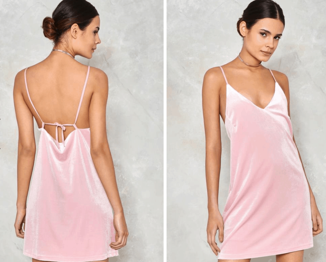 Front and back of a Nasty Gal pink velvet dress.