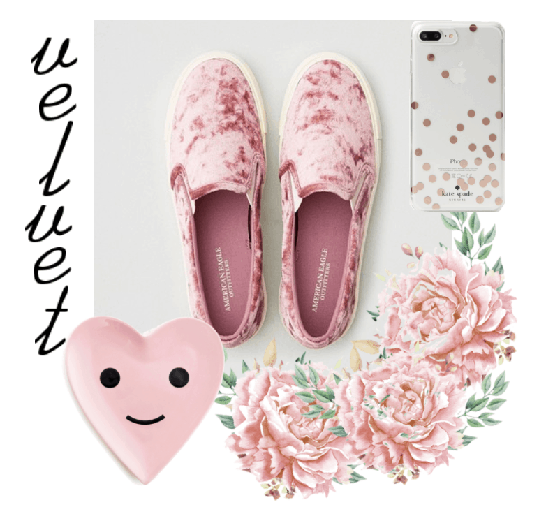 Pink velvet sneakers with pin, dish, and phone case