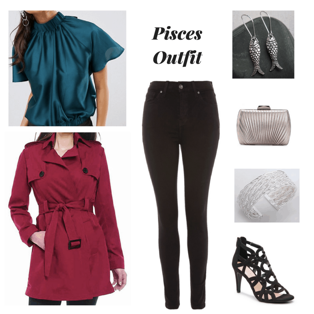 Pisces inspired outfit with a satin teal blouse, raspberry colored trench coat, black skinny jeans, caged heels, fish earrings, pleated silver clutch, and intricate silver cuff bracelet