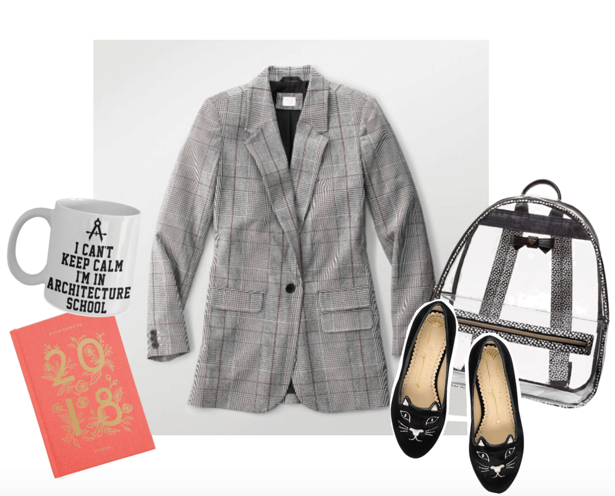 Grey plaid blazer surrounded by a coffee mug, planner, backpack, and kitty flats.