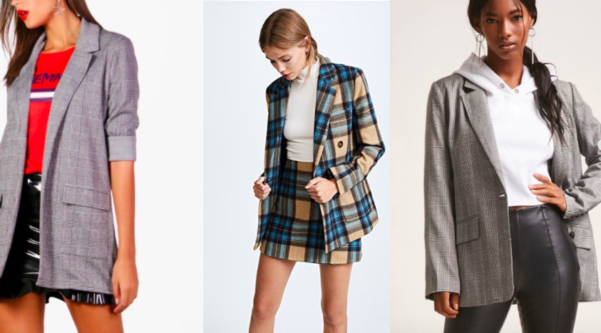 Plaid boyfriend blazer trend: traditional grey oversized blazer from Boohoo, mustard and blue boyfriend blazer from Shopbop, and a boxy grey blazer from Forever 21.