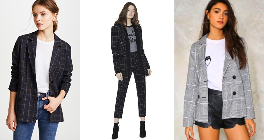 Plaid boyfriend blazer trend: dark oversized plaid boyfriend blazer from Shopbop Alice + Olivia long blazer with a hood, and a grey and white plaid Nasty Gal blazer.